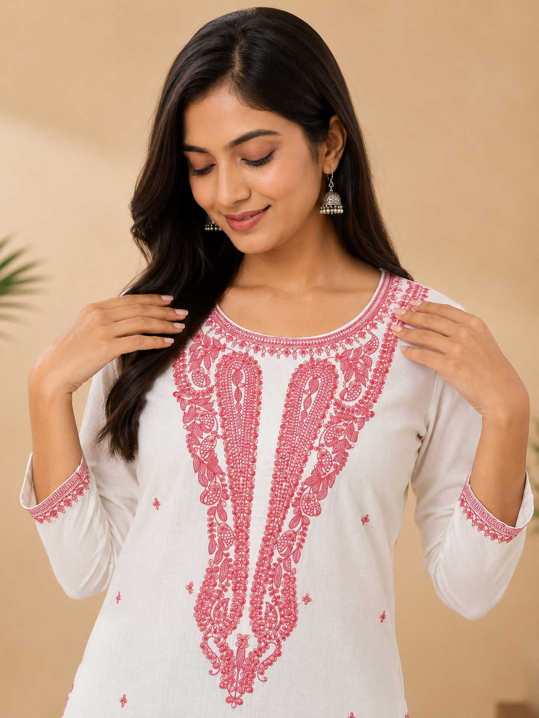 White Cotton Embroidered Kurta for Women | Pink Thread Work Straight Kurti