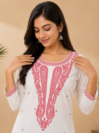 White Cotton Embroidered Kurta for Women | Pink Thread Work Straight Kurti
