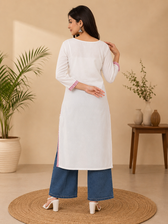 White Cotton Embroidered Kurta for Women | Pink Thread Work Straight Kurti