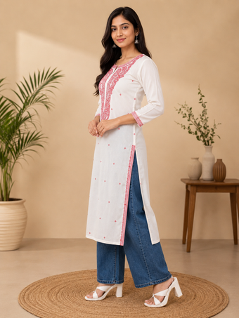 White Cotton Embroidered Kurta for Women | Pink Thread Work Straight Kurti