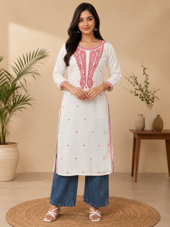 White Cotton Embroidered Kurta for Women | Pink Thread Work Straight Kurti