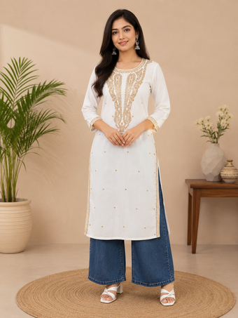 White Embroidered Cotton Kurta for Women | Elegant Beige Thread Work Straight Kurti