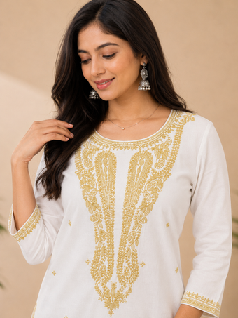 White Embroidered Cotton Kurta for Women | Elegant Beige Thread Work Straight Kurti
