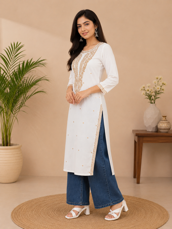 White Embroidered Cotton Kurta for Women | Elegant Beige Thread Work Straight Kurti