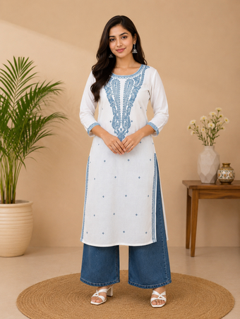 White Embroidered Cotton Kurta for Women | Elegant Blue Thread Work Straight Kurti