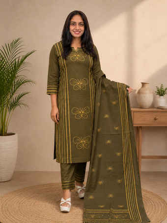 Olive Green Printed Straight Kurta Set with Dupatta