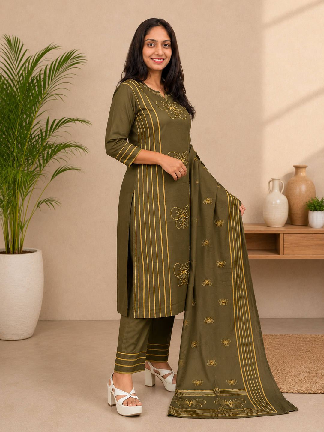 Olive Green Printed Straight Kurta Set with Dupatta