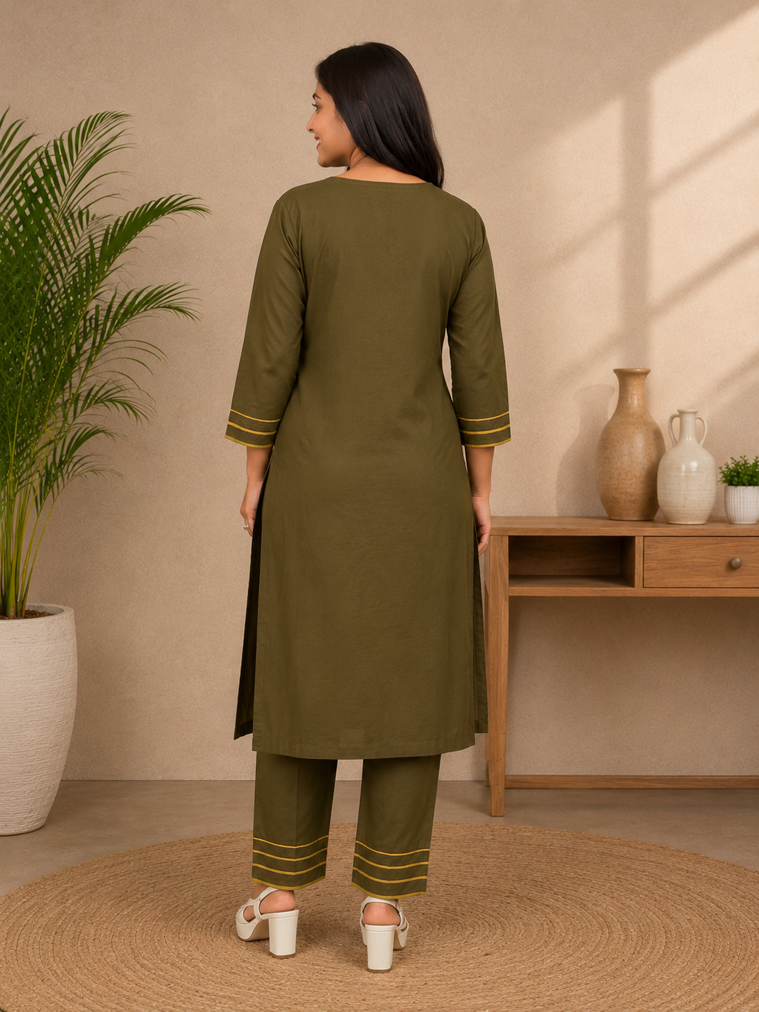Olive Green Printed Straight Kurta Set with Dupatta