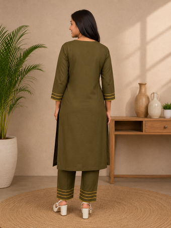 Olive Green Printed Straight Kurta Set with Dupatta