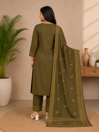 Olive Green Printed Straight Kurta Set with Dupatta