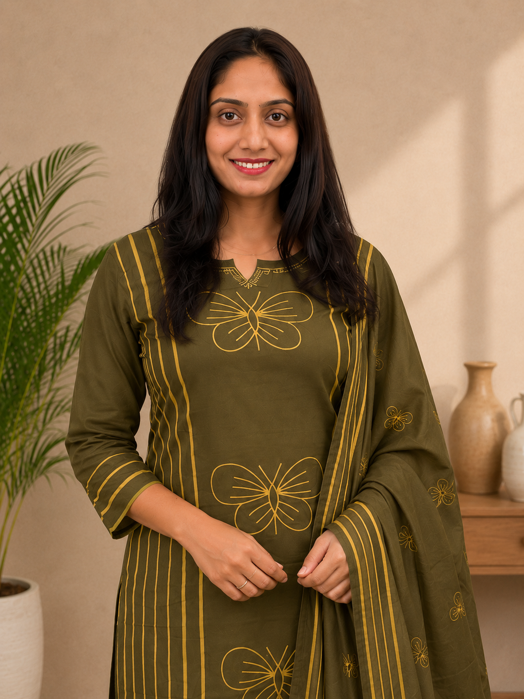 Olive Green Printed Straight Kurta Set with Dupatta