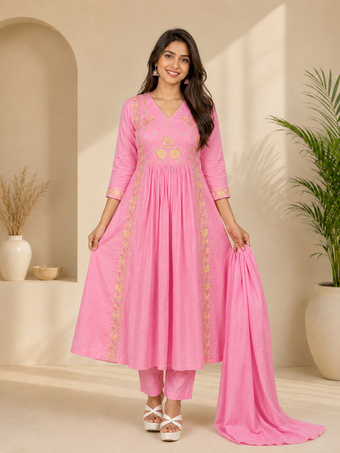 Pink Floral Embroidered Cotton Blend Anarkali Kurta Set with Dupatta
