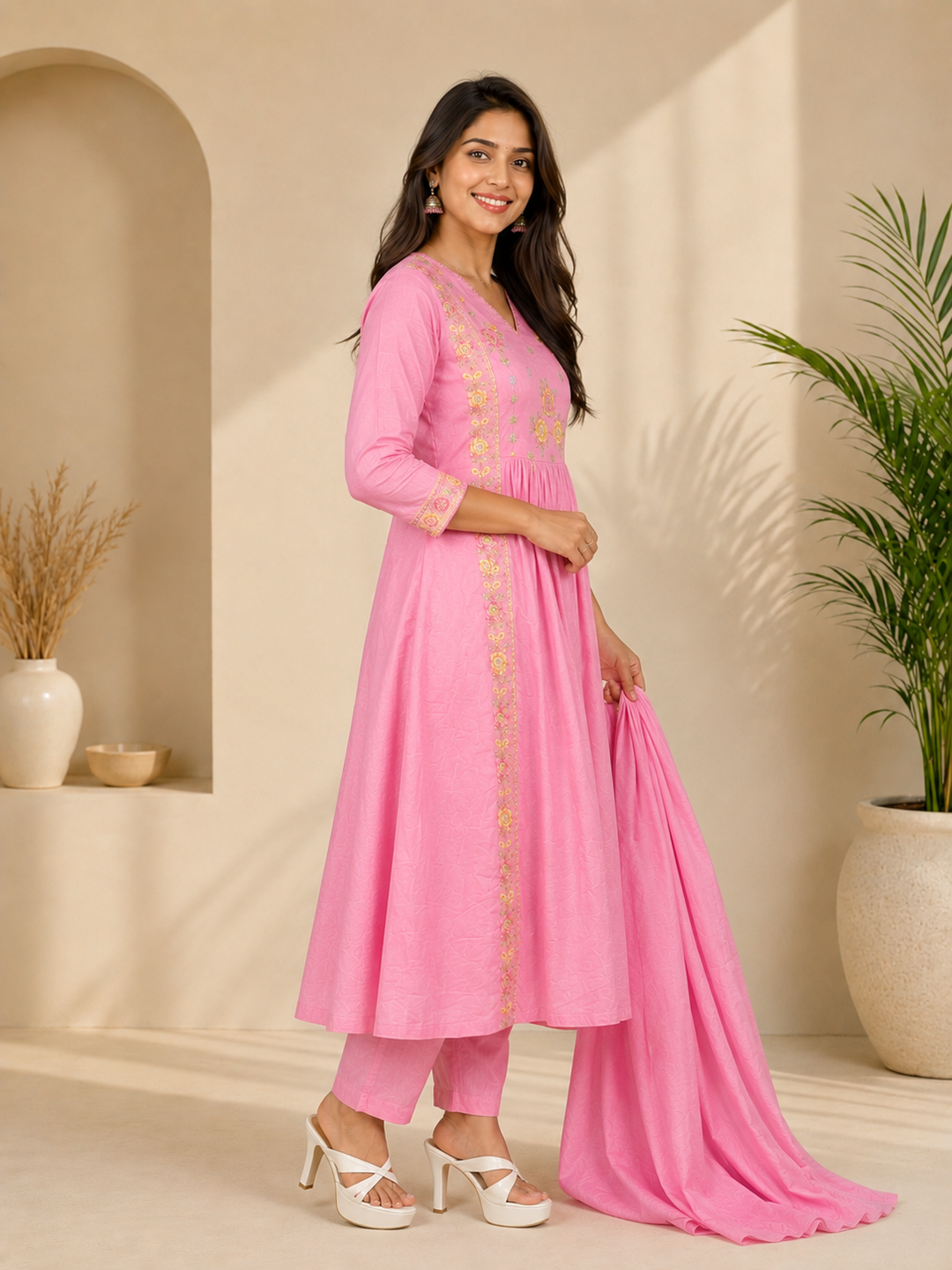 Pink Floral Embroidered Cotton Blend Anarkali Kurta Set with Dupatta