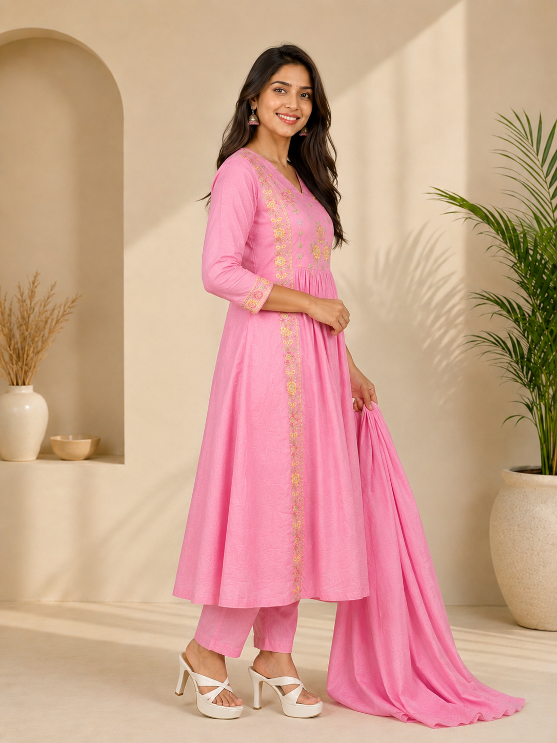 Pink Floral Embroidered Cotton Blend Anarkali Kurta Set with Dupatta