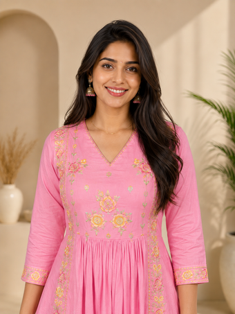 Pink Floral Embroidered Cotton Blend Anarkali Kurta Set with Dupatta