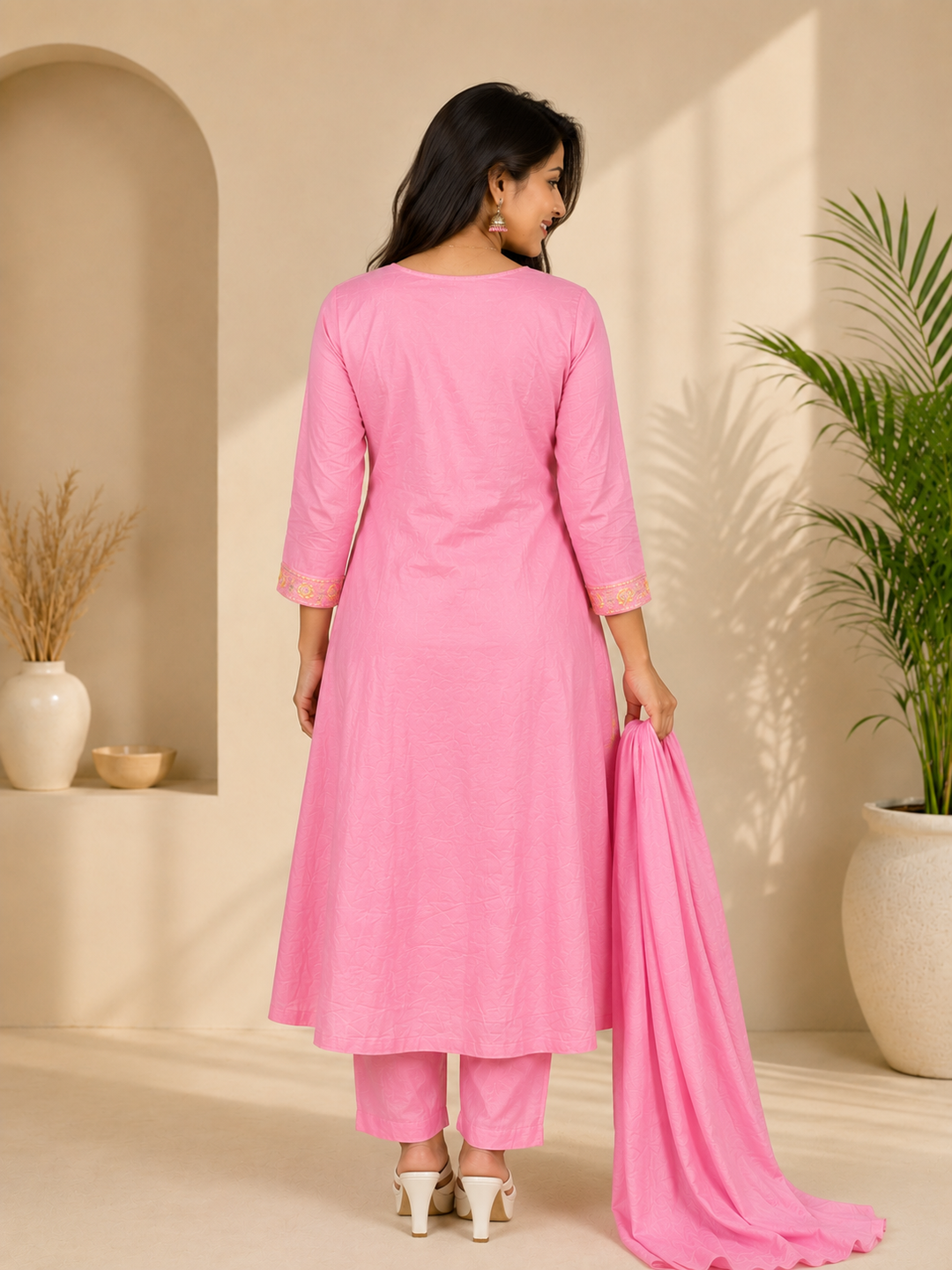 Pink Floral Embroidered Cotton Blend Anarkali Kurta Set with Dupatta