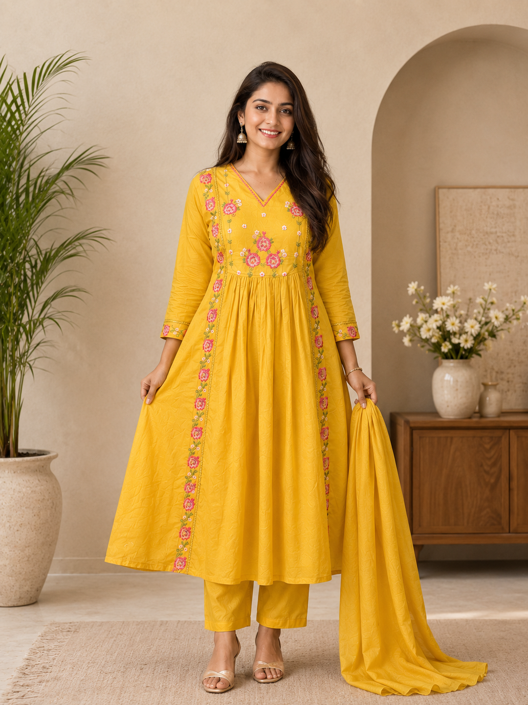 Mustard Yellow Floral Embroidered Cotton Blend Anarkali Kurta Set with Dupatta