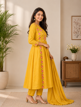 Mustard Yellow Floral Embroidered Cotton Blend Anarkali Kurta Set with Dupatta