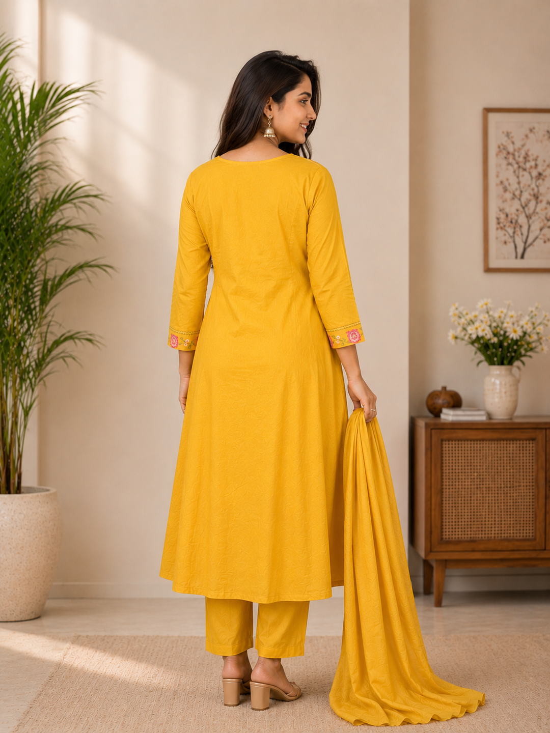 Mustard Yellow Floral Embroidered Cotton Blend Anarkali Kurta Set with Dupatta