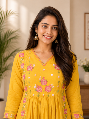 Mustard Yellow Floral Embroidered Cotton Blend Anarkali Kurta Set with Dupatta