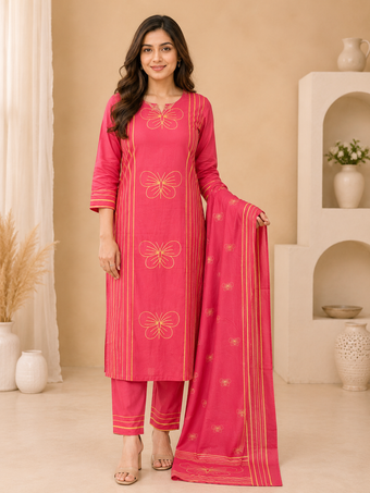 Rani Pink Printed Straight Kurta Set with Dupatta