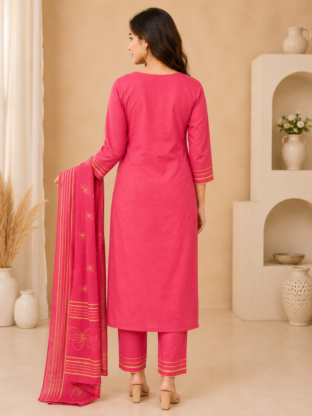 Rani Pink Printed Straight Kurta Set with Dupatta