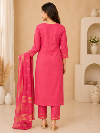 Rani Pink Printed Straight Kurta Set with Dupatta