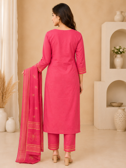 Rani Pink Printed Straight Kurta Set with Dupatta