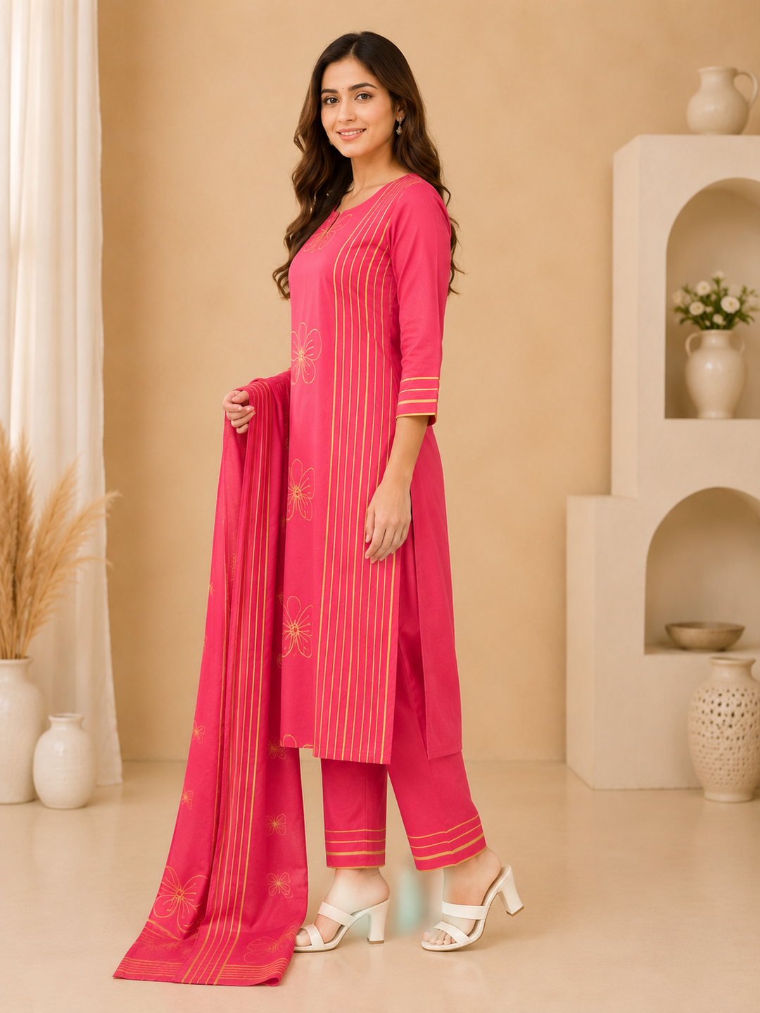 Rani Pink Printed Straight Kurta Set with Dupatta