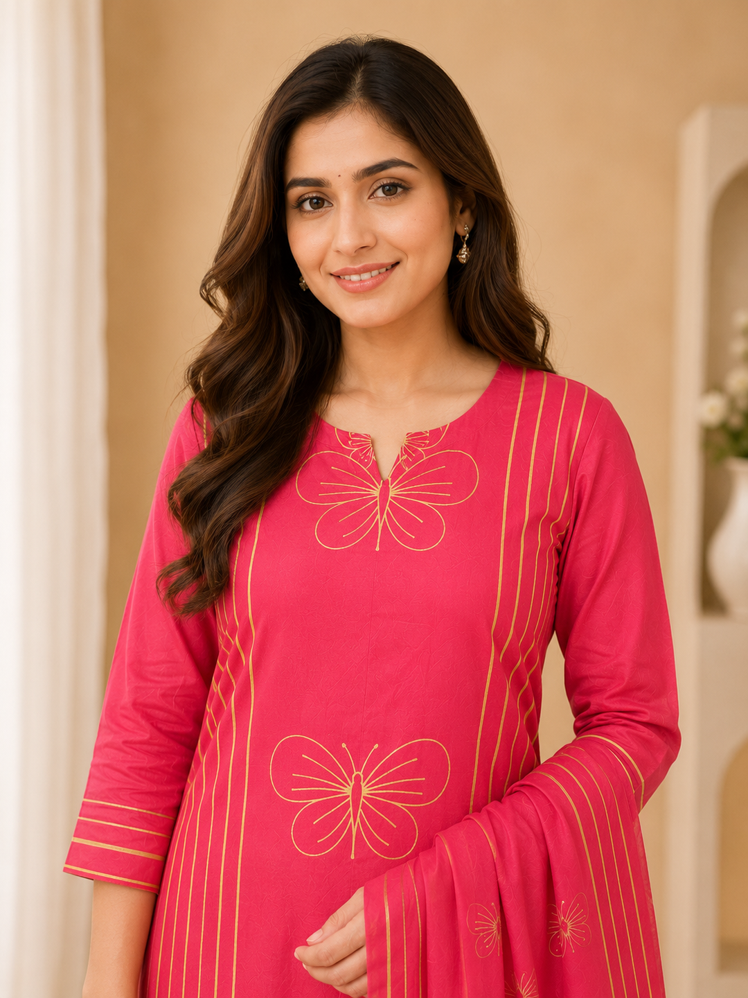Rani Pink Printed Straight Kurta Set with Dupatta
