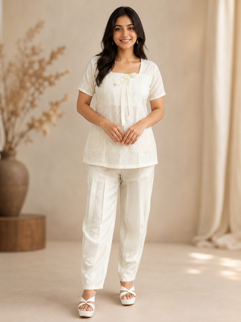 Elegant White Embroidered Peplum Top with Solid Pants Co-Ord Set