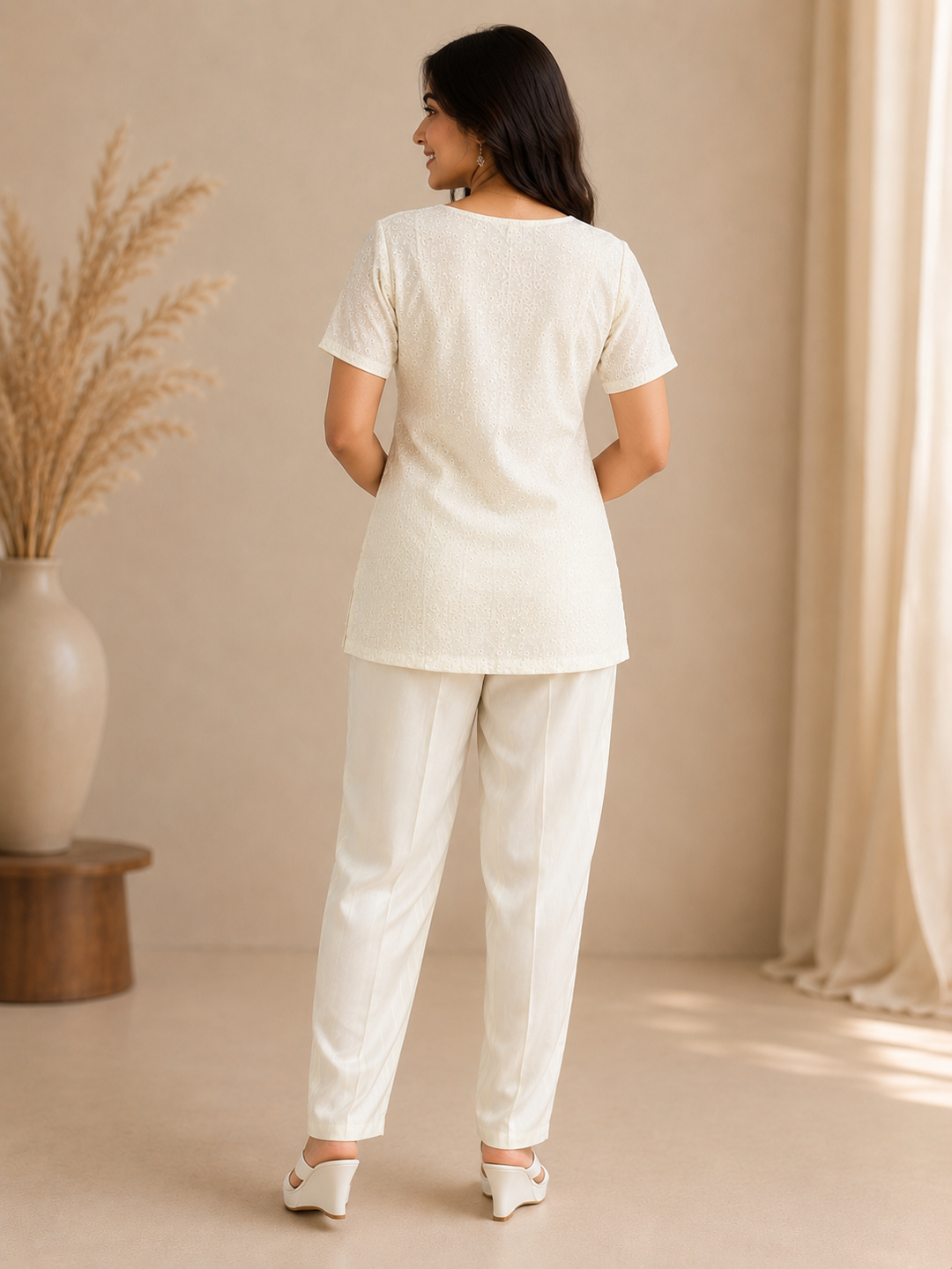 Elegant White Embroidered Peplum Top with Solid Pants Co-Ord Set