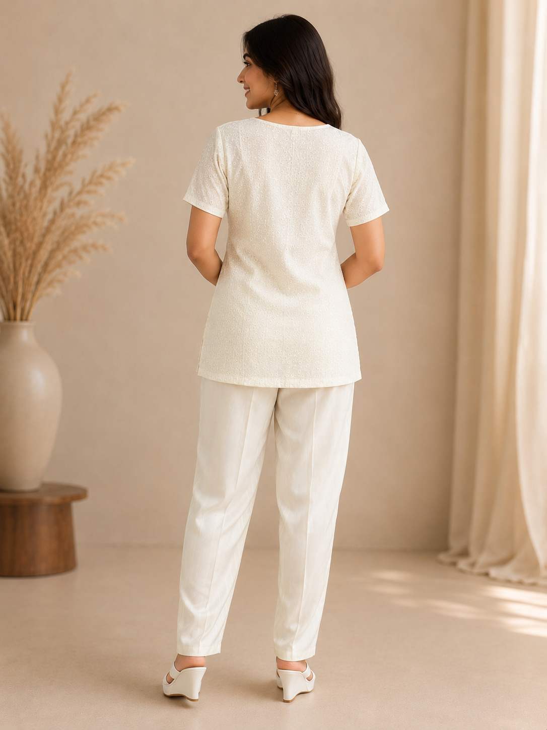 Elegant White Embroidered Peplum Top with Solid Pants Co-Ord Set