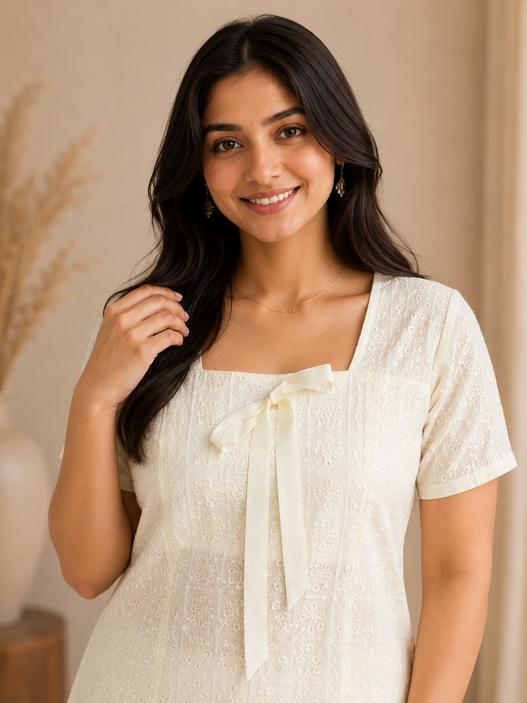 Elegant White Embroidered Peplum Top with Solid Pants Co-Ord Set