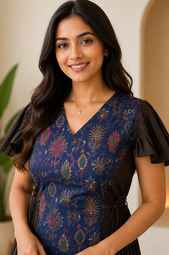Navy Blue Embroidered Work Indo-Western Co-Ord Set with Pleated Sleeves