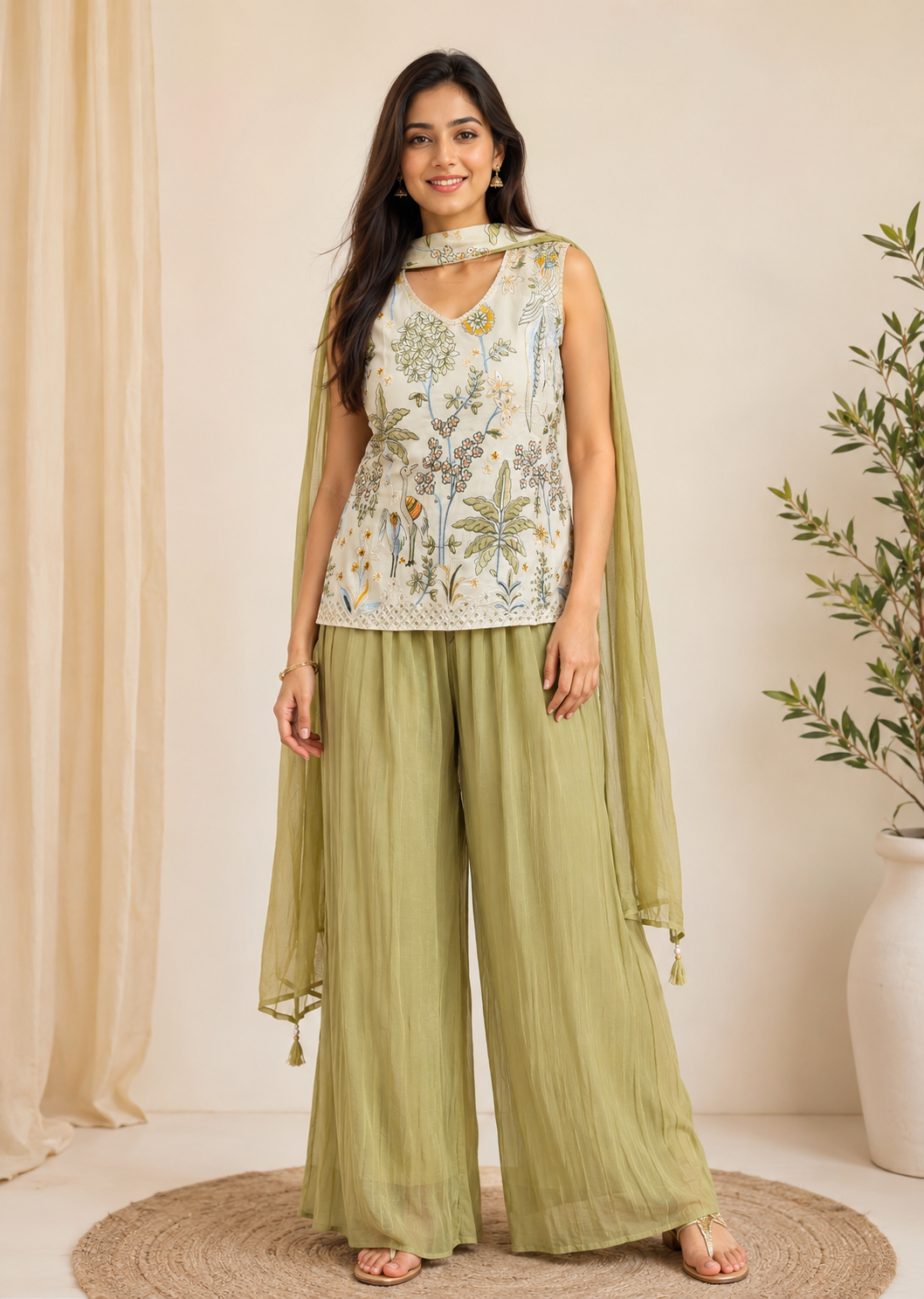 Sage Green Embroidered Work Indo-Western Palazzo Set with Dupatta