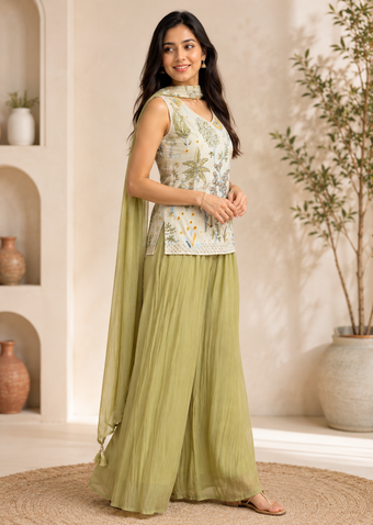 Sage Green Embroidered Work Indo-Western Palazzo Set with Dupatta