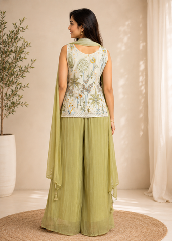 Sage Green Embroidered Work Indo-Western Palazzo Set with Dupatta