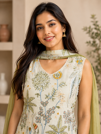 Sage Green Embroidered Work Indo-Western Palazzo Set with Dupatta