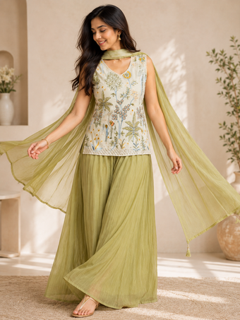 Sage Green Embroidered Work Indo-Western Palazzo Set with Dupatta