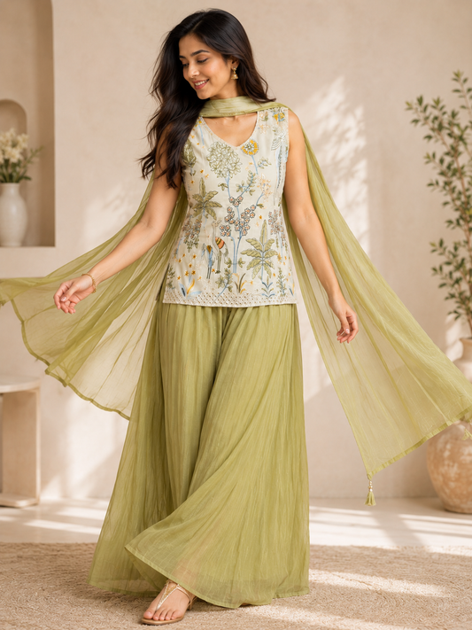 Sage Green Embroidered Work Indo-Western Palazzo Set with Dupatta