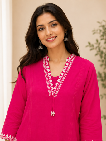 Rani Pink Embroidered Straight Kurta Set with Dupatta