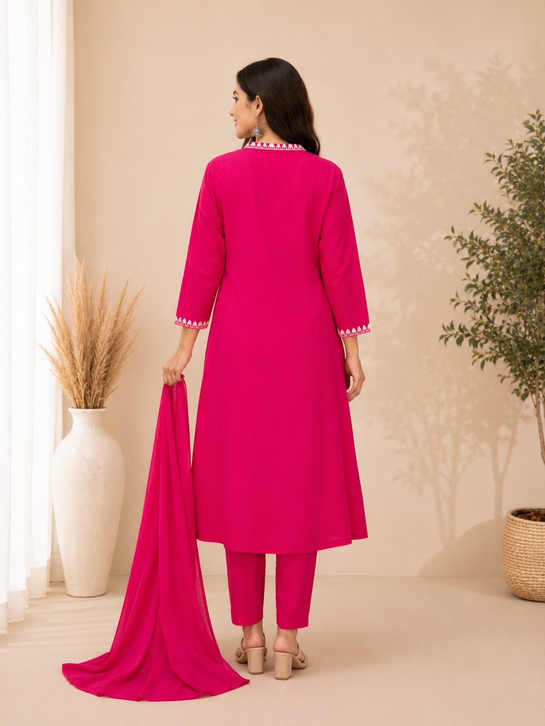Rani Pink Embroidered Straight Kurta Set with Dupatta