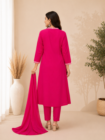Rani Pink Embroidered Straight Kurta Set with Dupatta