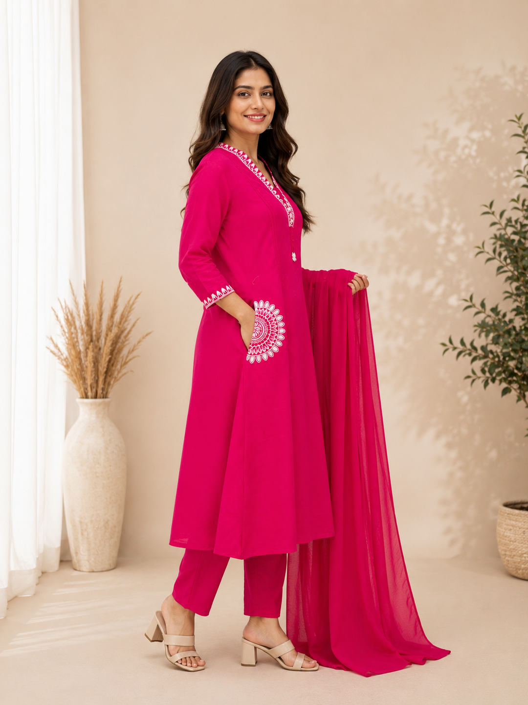 Rani Pink Embroidered Straight Kurta Set with Dupatta