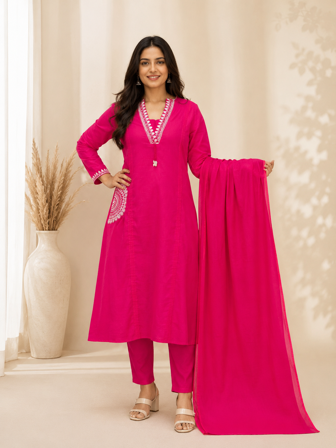 Rani Pink Embroidered Straight Kurta Set with Dupatta