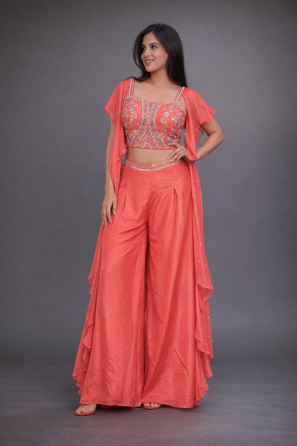 Exclusive Gajri Silk Crop Top Palazzo Set With Neck Dupatta