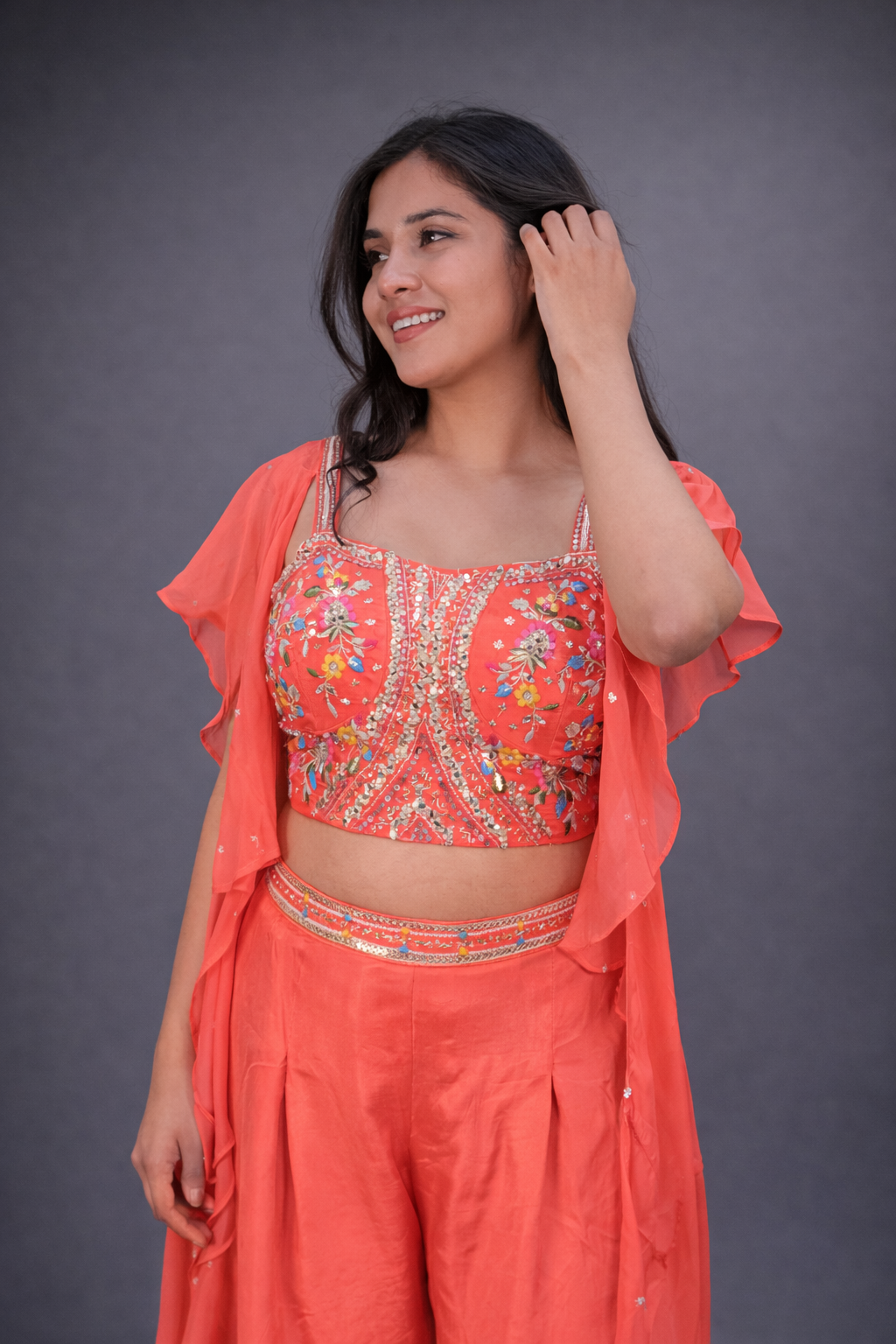 Exclusive Gajri Silk Crop Top Palazzo Set With Neck Dupatta