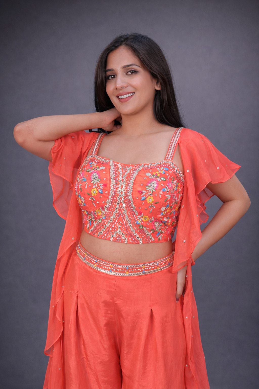 Exclusive Gajri Silk Crop Top Palazzo Set With Neck Dupatta