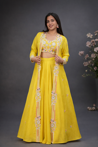 Mustard Floral Indo-Western Co-ord Set with Embroidered Blause